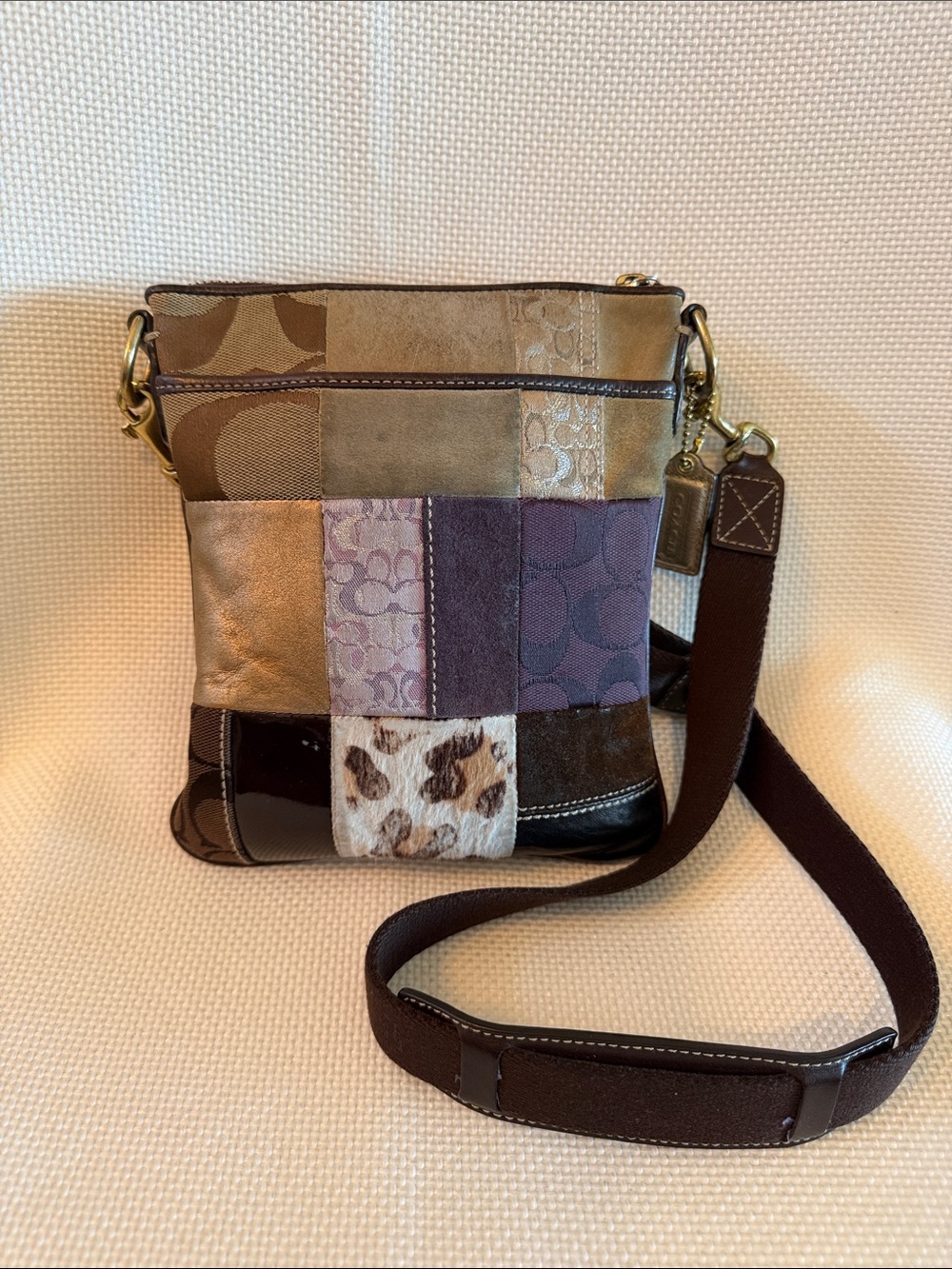 Coach Y2K Patchwork Crossbody Bag in Brown and Purple 7.5" x 9" F10514 Boho